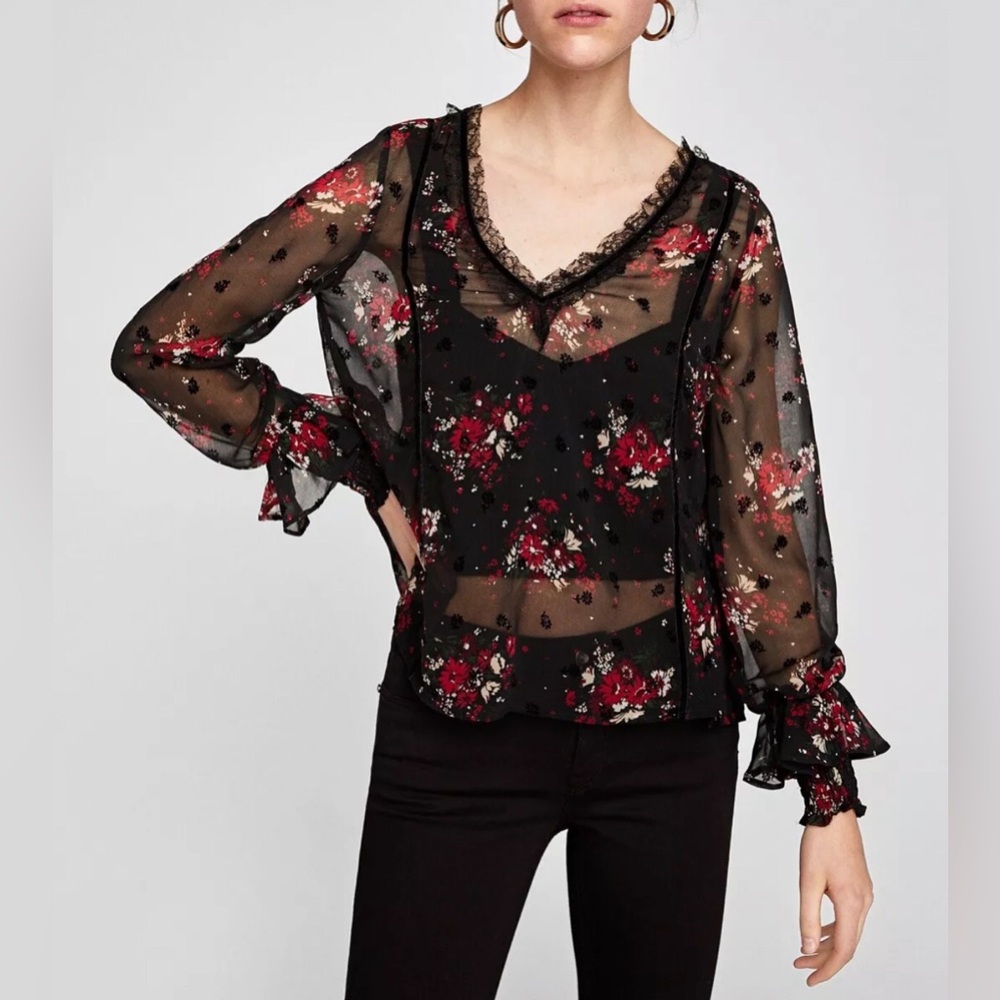 Zara Basic Sheer Dark Floral Velvet Accent V Neck Blouse w/ Ruffle Sleeve - Picture 4 of 14
